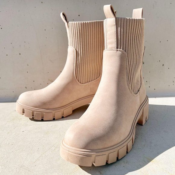 NEW Taupe Beige Chunky Lug Sole Platform Elastic Sock Ankle Chelsea Bootie Boots - Picture 7 of 11